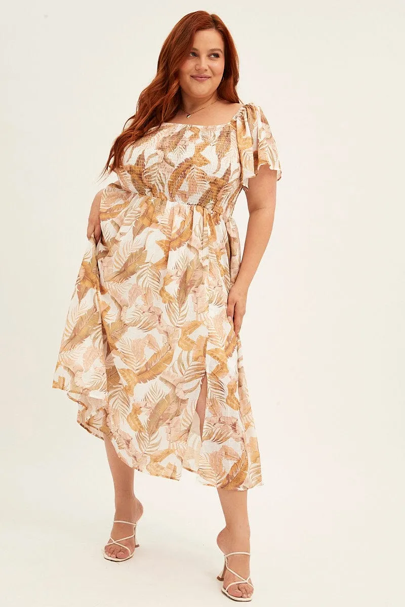 Yellow Floral Midi Dress Short Sleeve Shirred Back Tie Dress Cherry Grove
