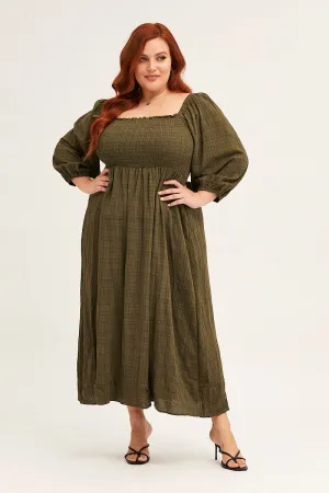 City Prep Green 3/4 Sleeve Shirred Midi Dress