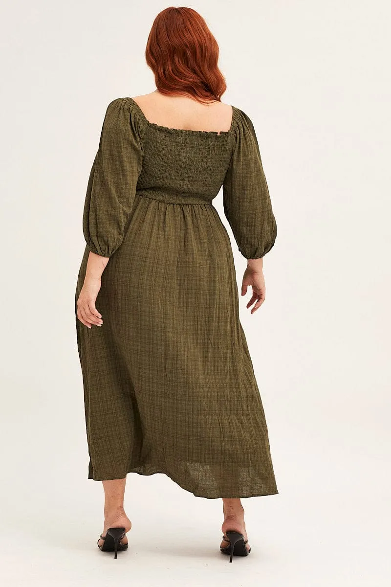 Green 3/4 Sleeve Shirred Midi Dress Linen Cool