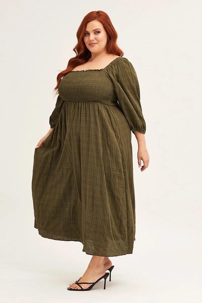 Green 3/4 Sleeve Shirred Midi Dress Jade Glow