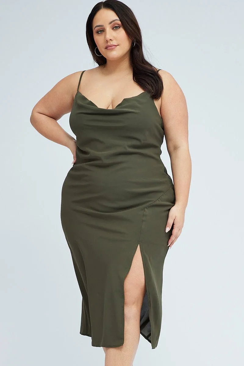 Trendy casual event dress Low Effort Green Midi Dress Cocktail Split Side Strappy