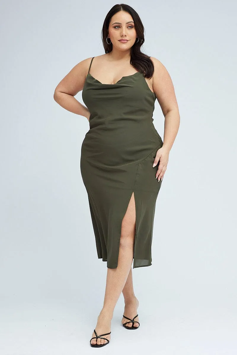 Elegant Layers Work Wear Green Midi Dress Cocktail Split Side Strappy