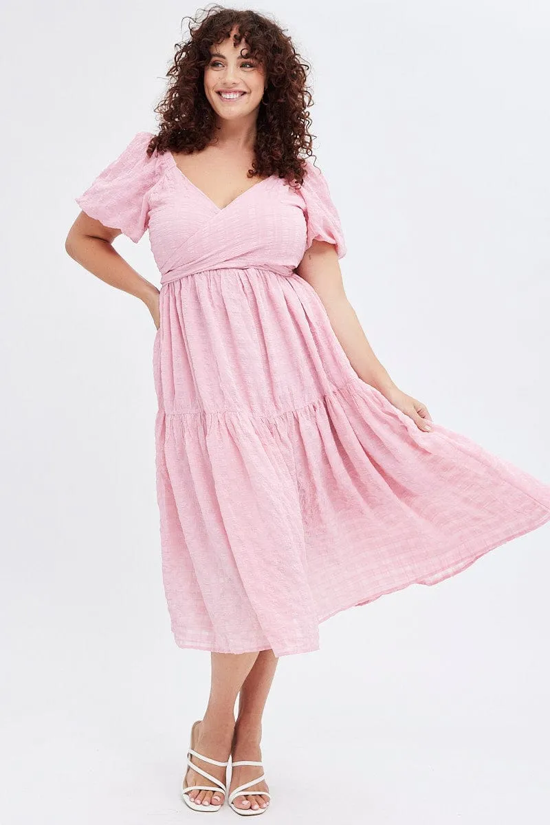 Pink Midi Dress Textured Cross Front Amber Light Air Float