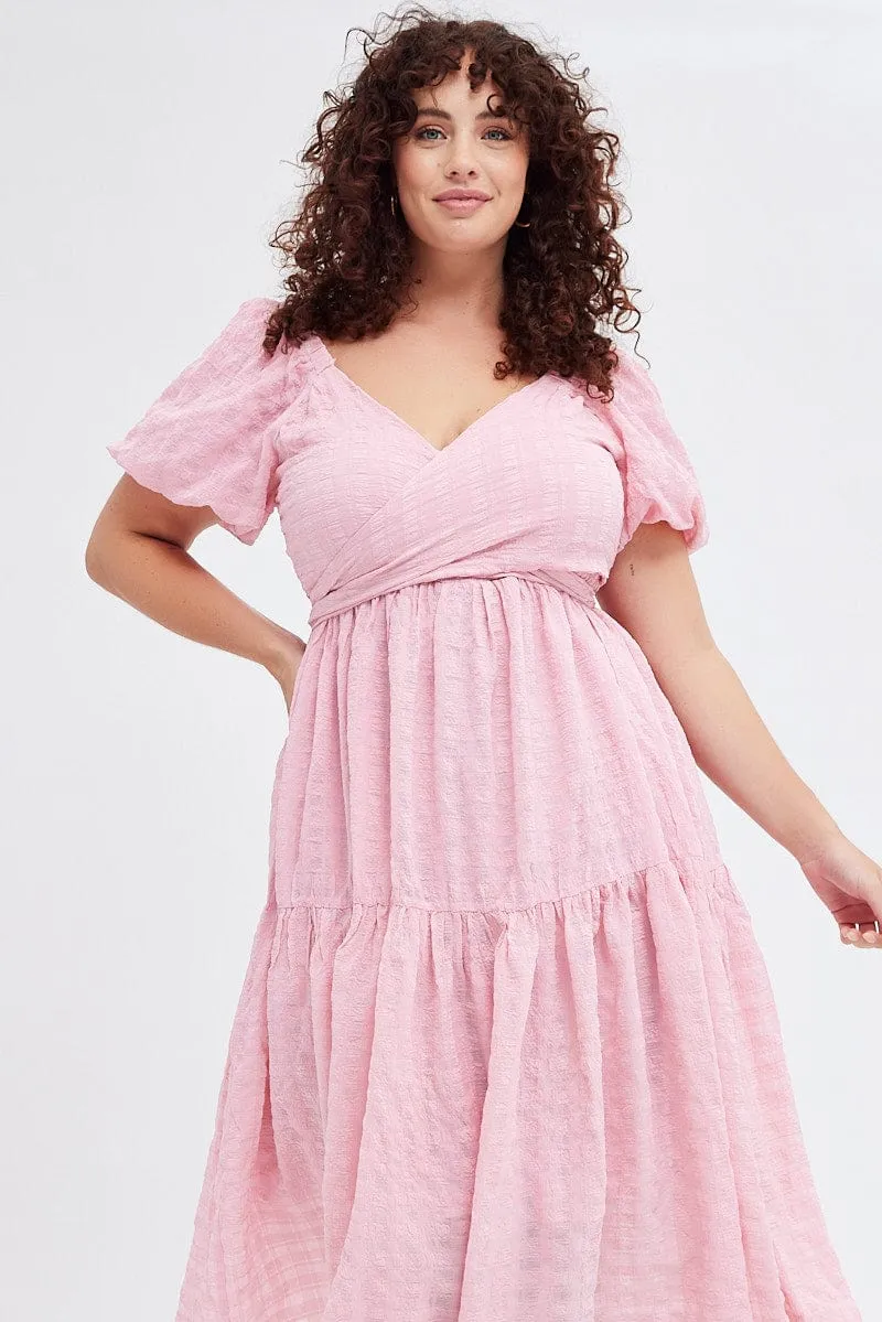 Street Lamp Airy Shape Pink Midi Dress Textured Cross Front