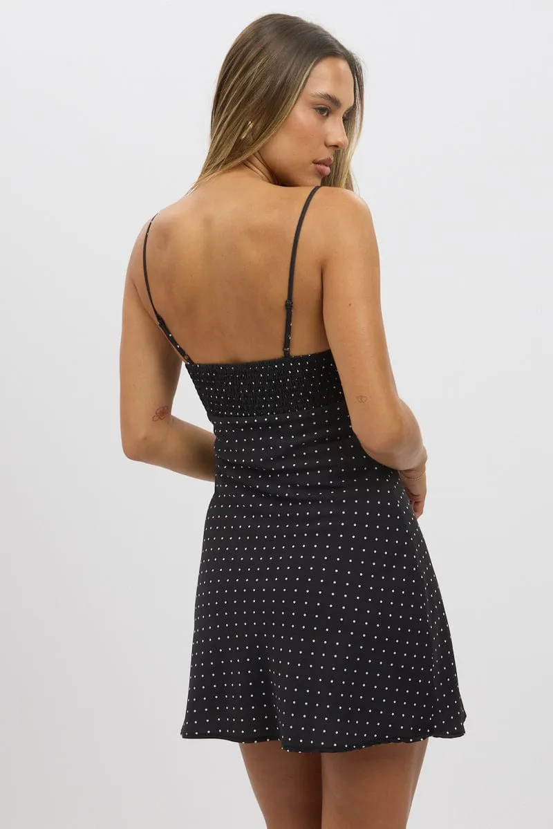 Black Polka Dot Mini Dress V-Neck Strappy Flirty summer piece Scene Rush