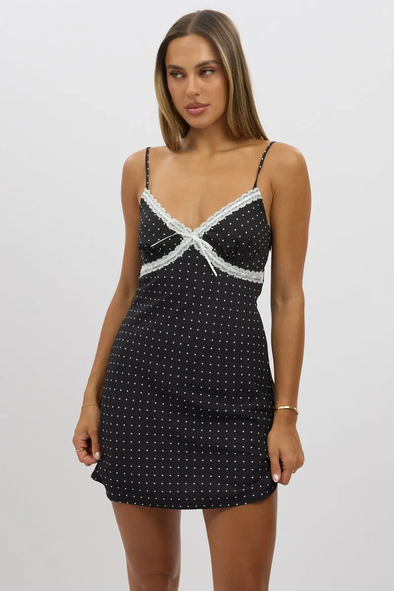 Full Circle Skirt Pattern Adaptive Sizing System Black Polka Dot Mini Dress V-Neck Strappy