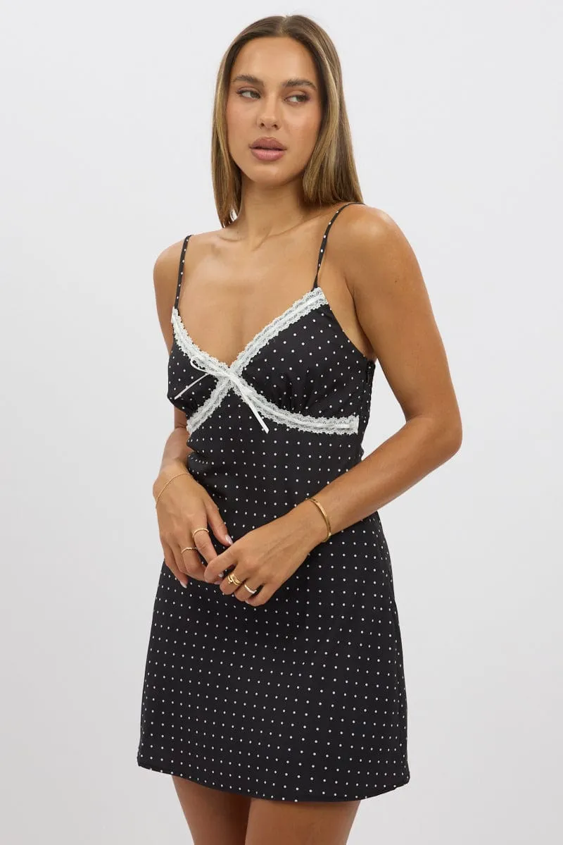 skin friendly Pop Look Black Polka Dot Mini Dress V-Neck Strappy