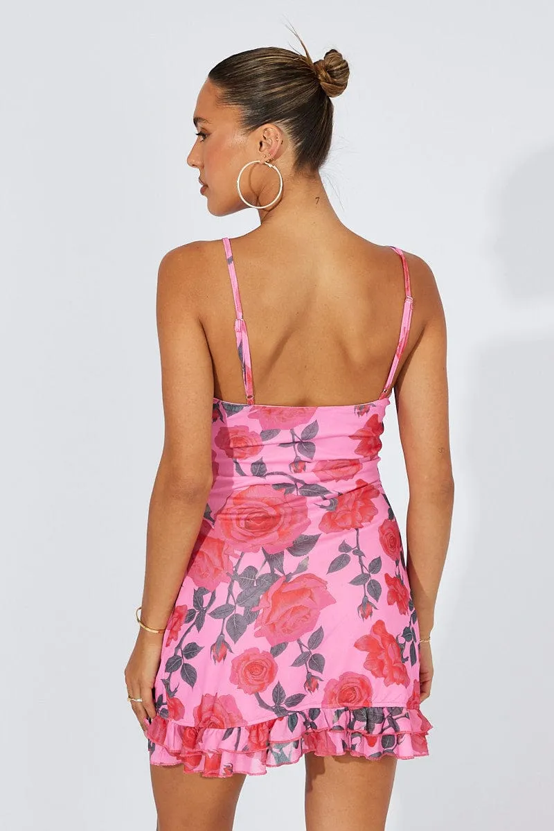 Multi Floral Mini Dress Strappy Ruffle Keyhole Detail Fashionable Wear Minimal Look