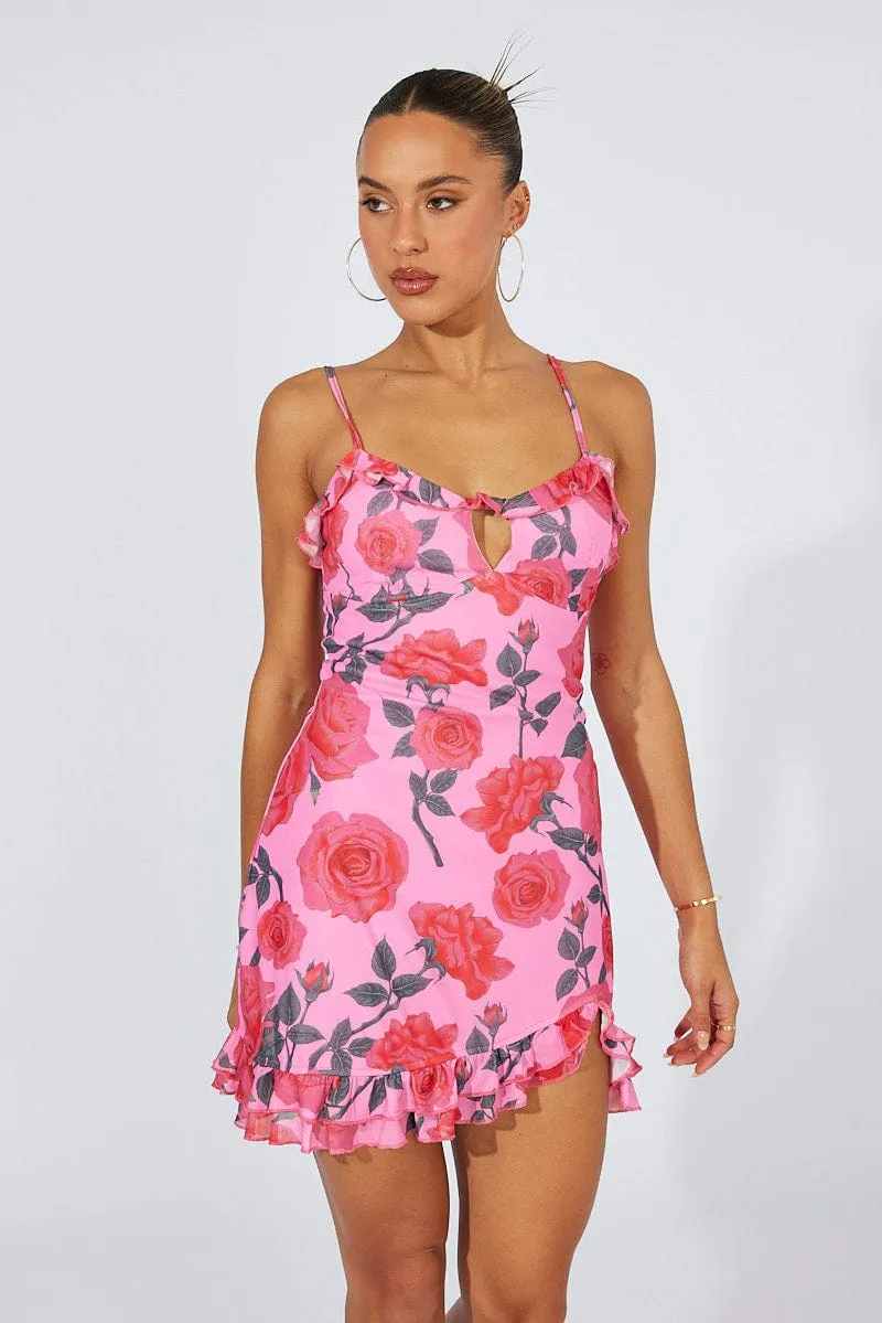 Multi Floral Mini Dress Strappy Ruffle Keyhole Detail Edge Fresh