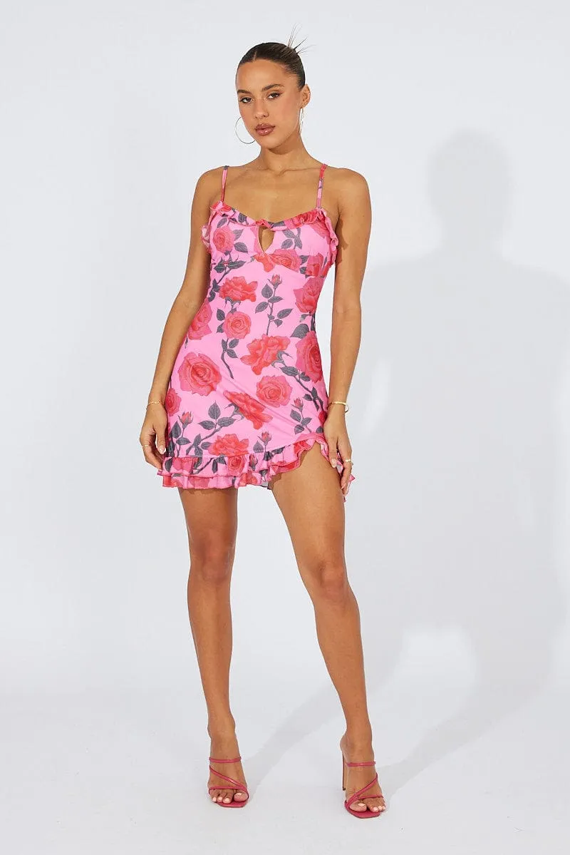 Multi Floral Mini Dress Strappy Ruffle Keyhole Detail Easy Fit