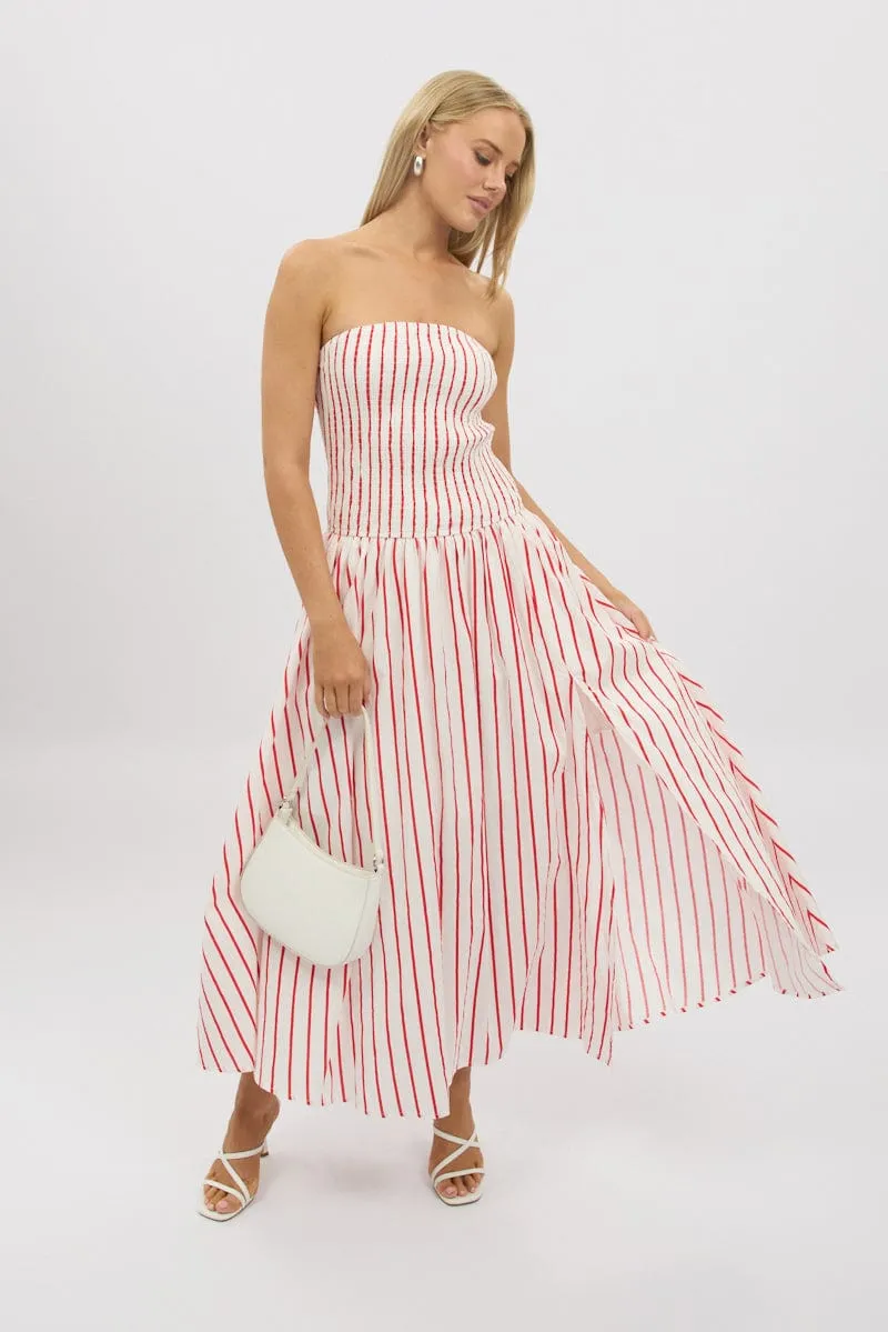 Red Stripe Strapless Maxi Dress Simple yet chic long dress With its sleek and chic design this dress is perfect for both casual and formal settings