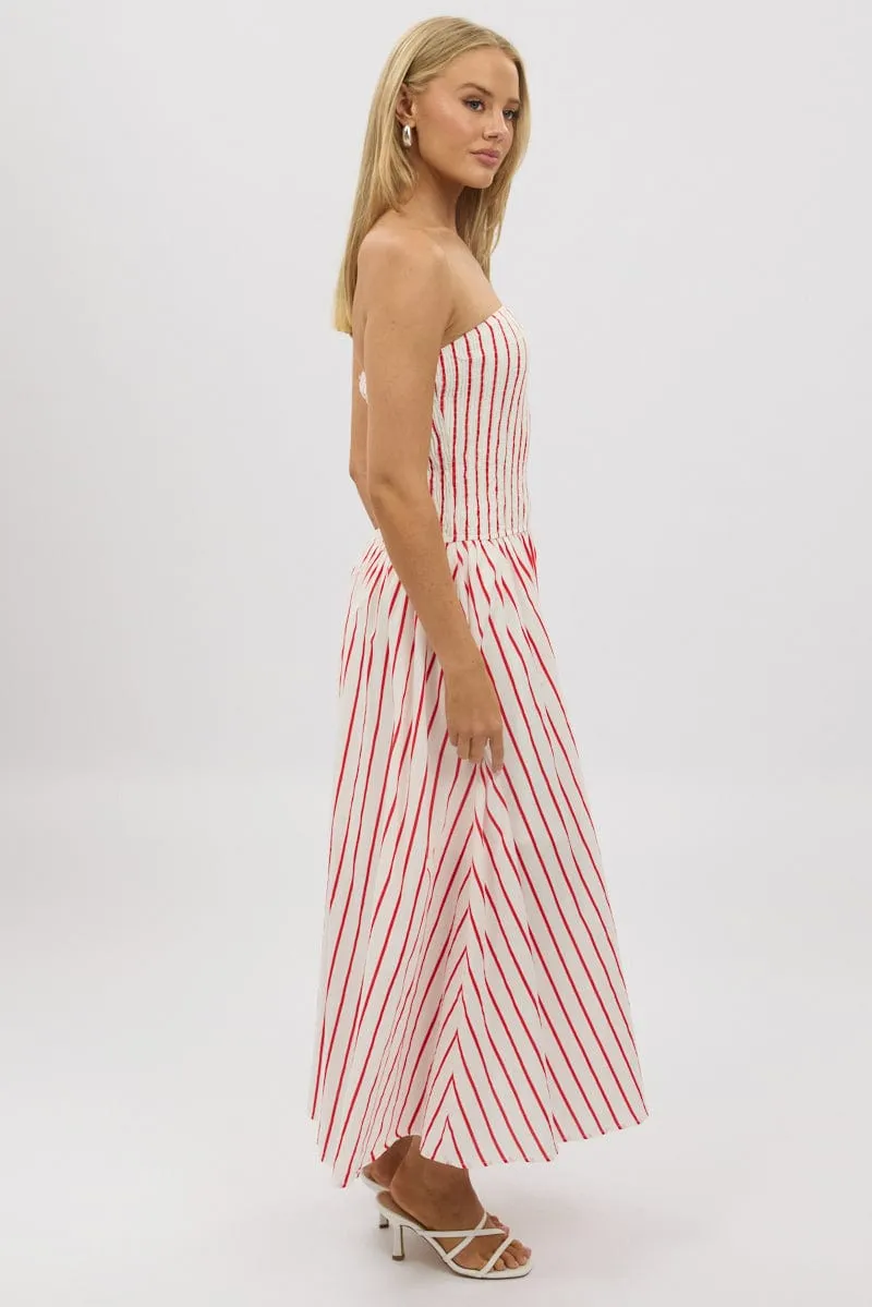 Red Stripe Strapless Maxi Dress Earth Brown Wild Flower