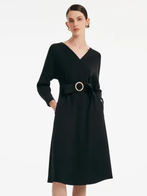 Fur Warm Casual Wear Acetate V-neck Long-sleeved Midi Dress With Belt
