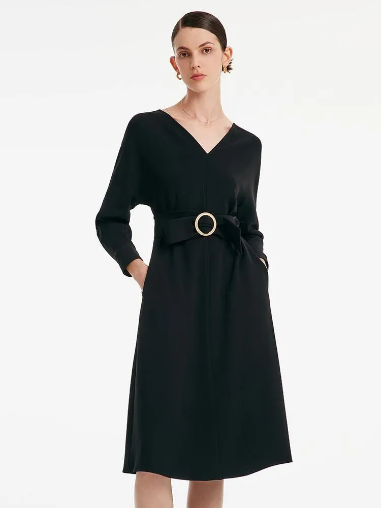 Acetate V-neck Long-sleeved Midi Dress With Belt Tram Ride Spring Tone