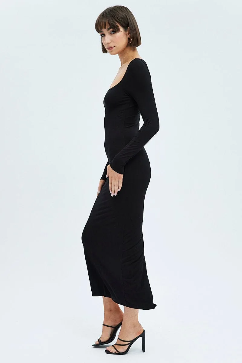 Delicate formal gown Cotton Glow Black Maxi Dress Long Sleeve Bodycon