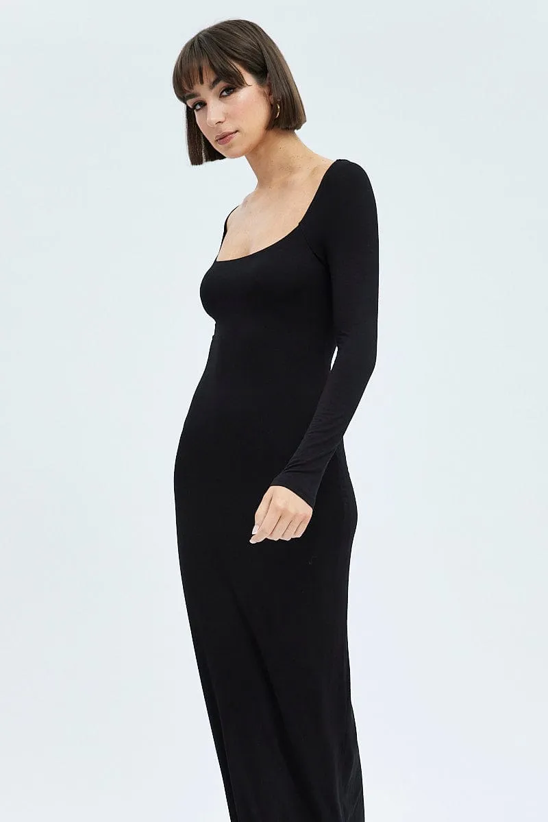 Shell Beach Dawn Calm Black Maxi Dress Long Sleeve Bodycon