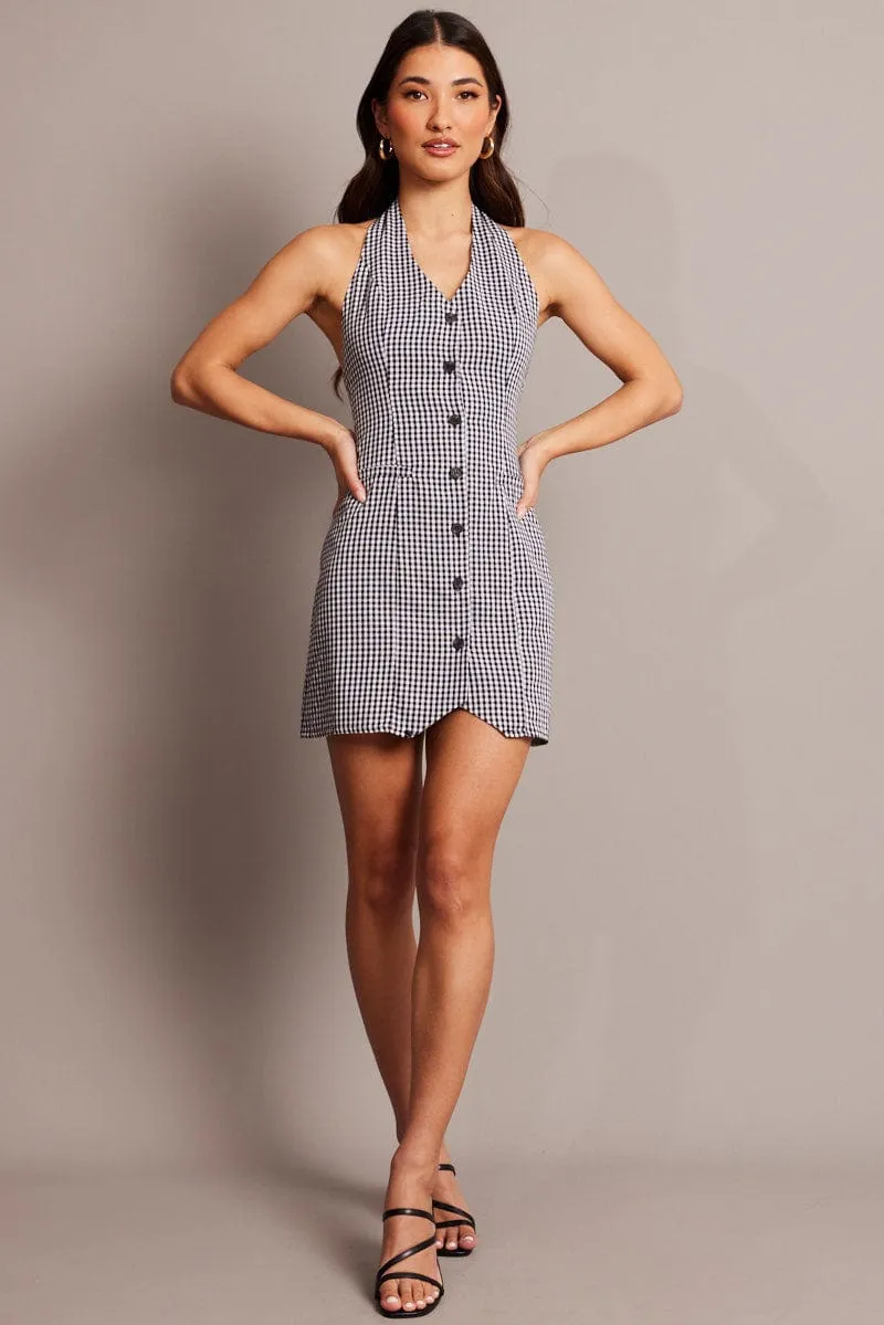 Casual stylish short dress Black Check Halter Neck Dress Mini