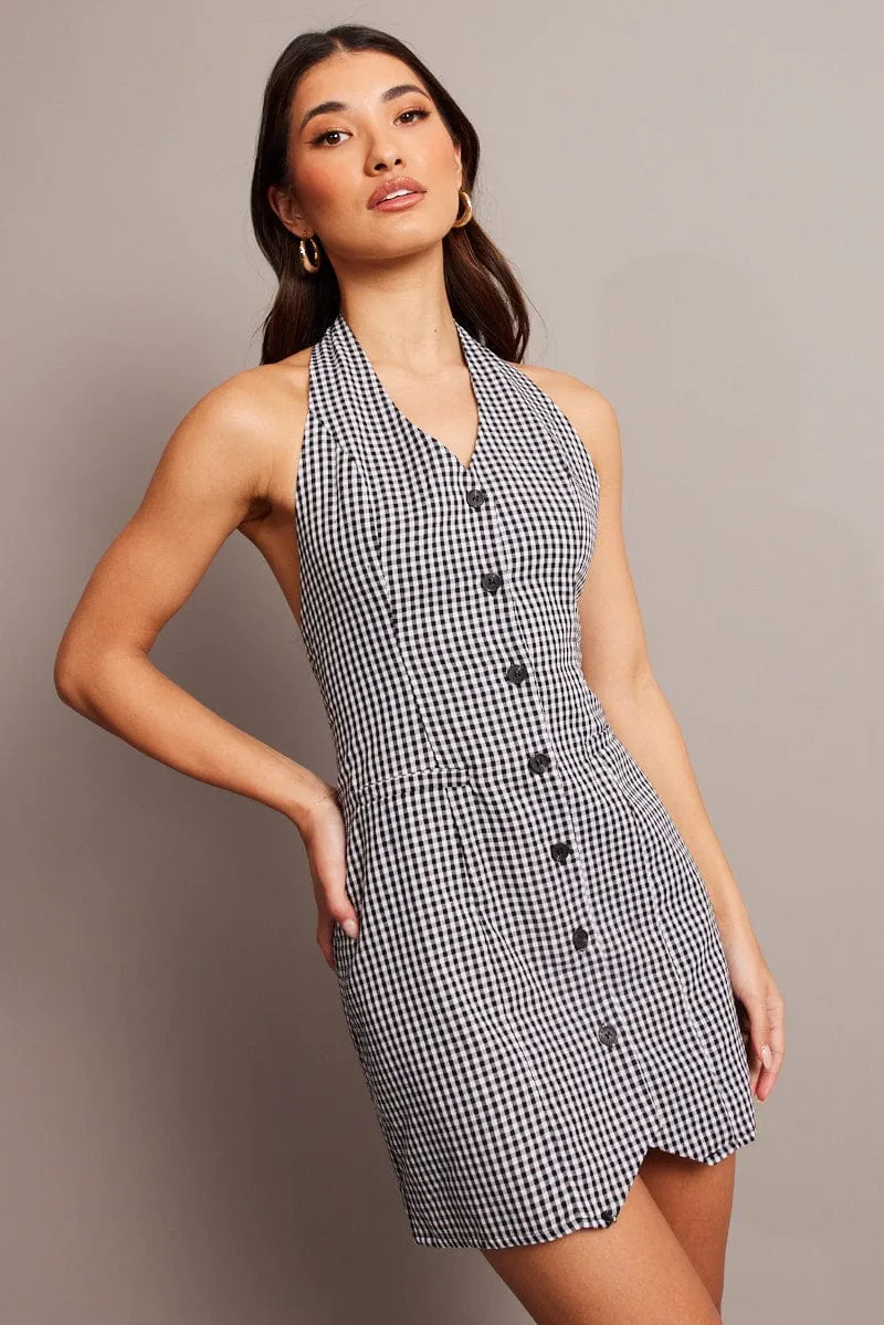 Flirty off-the-shoulder mini Odor Resistant Finish Black Check Halter Neck Dress Mini