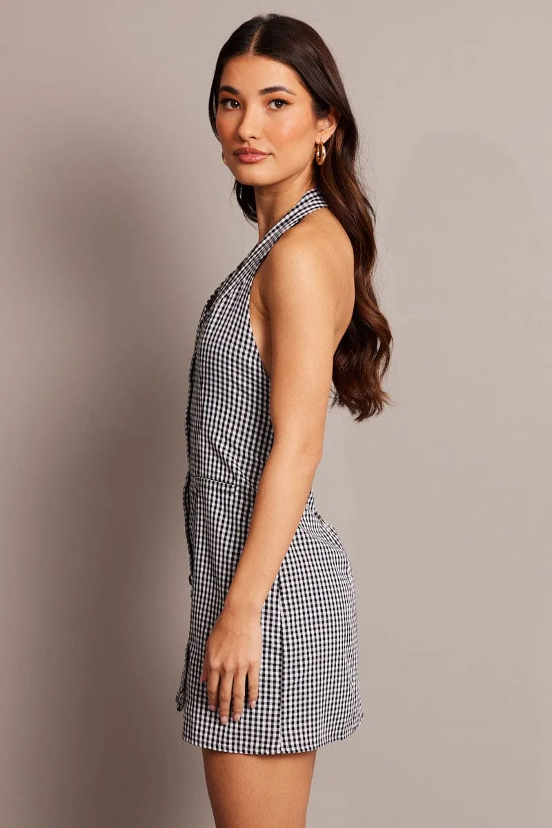 Recycled Polyester Material Sheer Panel Insertion Black Check Halter Neck Dress Mini