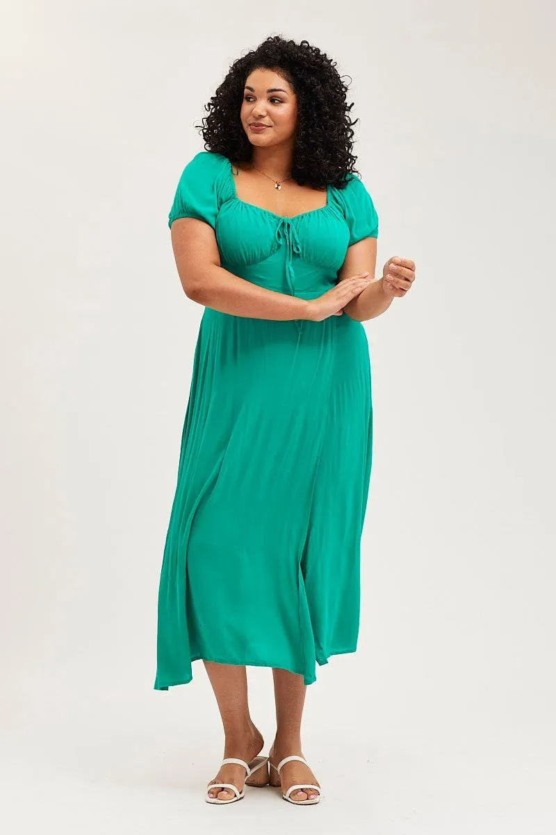 Green Maxi Dress Scoop Neck Short Sleeve Front Split casual outing