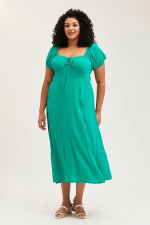 Elegant and timeless look Gala Ready Green Maxi Dress Scoop Neck Short Sleeve Front Split