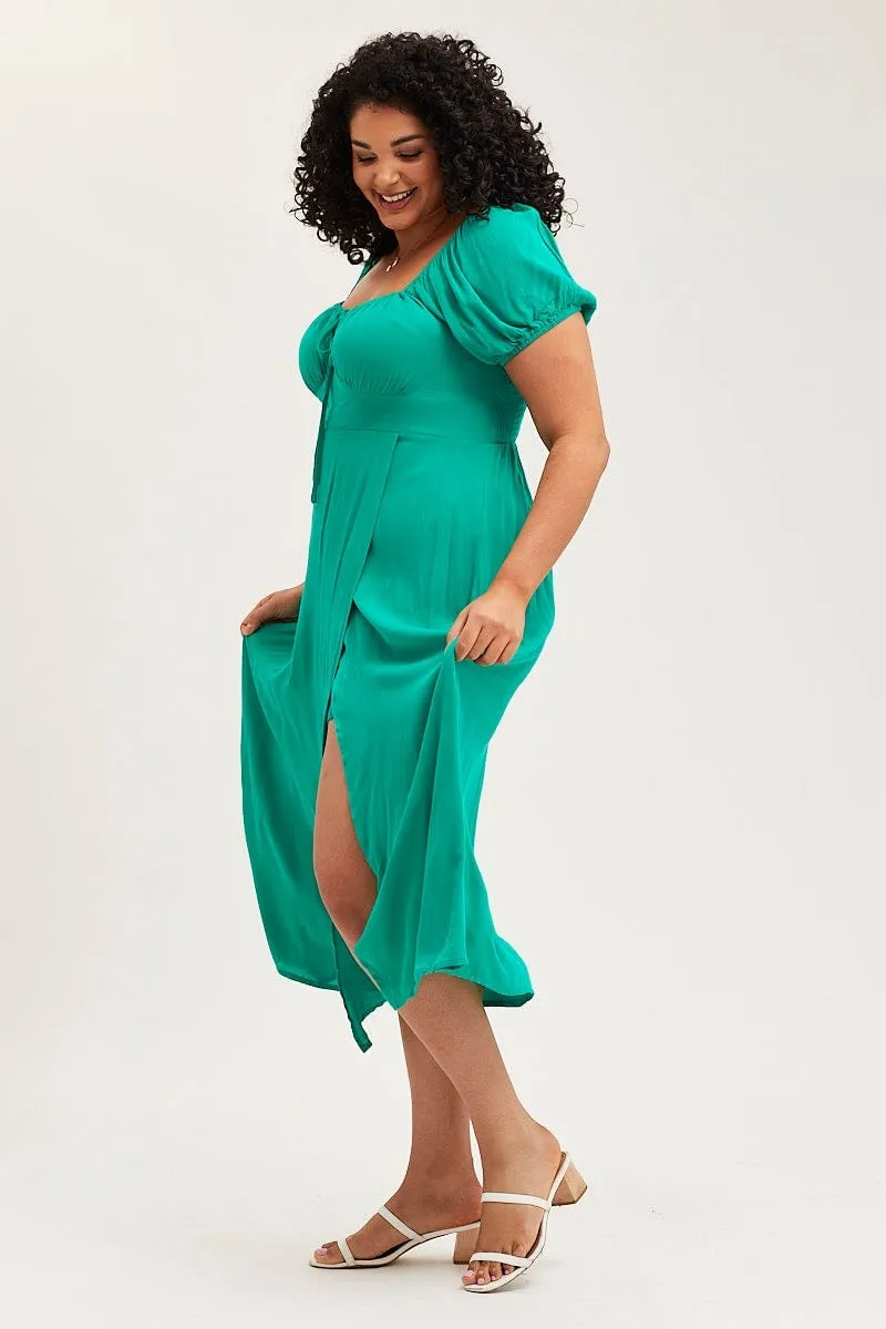 Green Maxi Dress Scoop Neck Short Sleeve Front Split Busy Mom