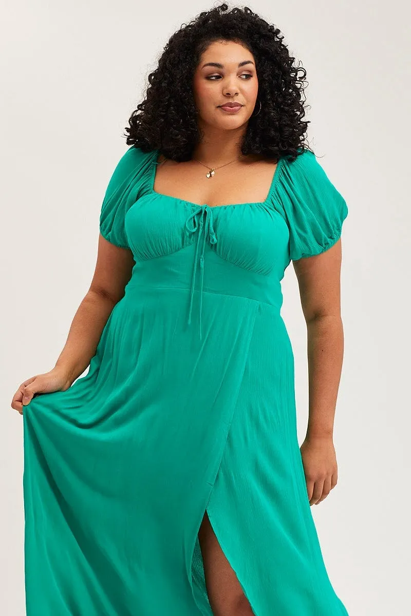 Modern Appeal Elegant Layers Green Maxi Dress Scoop Neck Short Sleeve Front Split