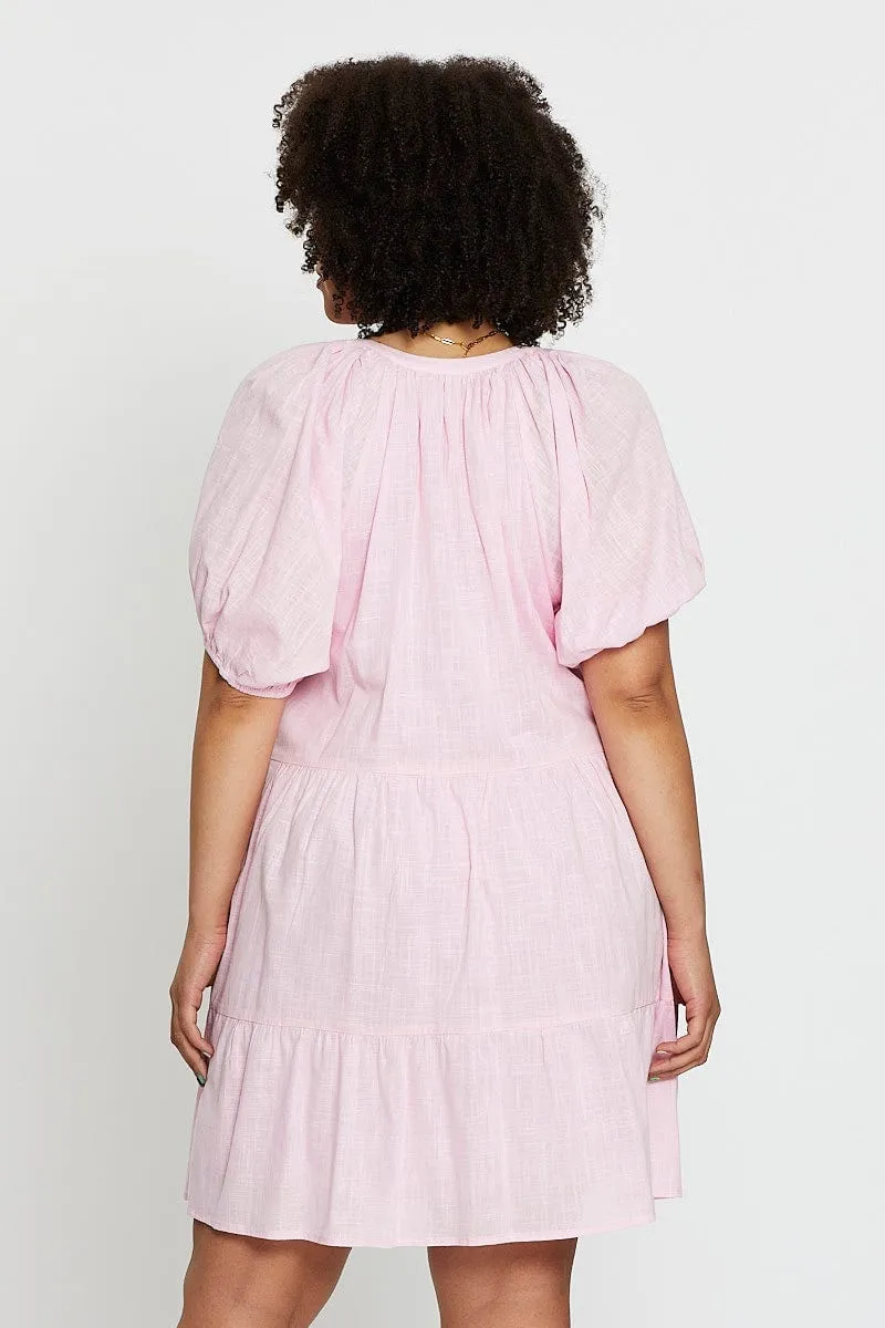 Harbor Dock Pink Puff 3/4 Sleeve Textured Cotton Pink Layer Dress