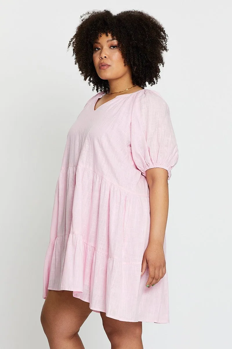 Pink Puff 3/4 Sleeve Textured Cotton Pink Layer Dress Weekend Brunch