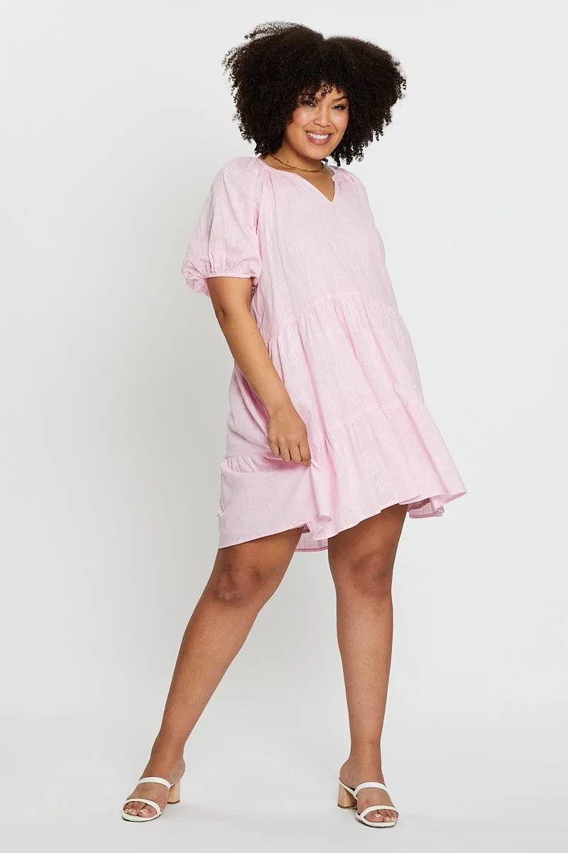 Pink Puff 3/4 Sleeve Textured Cotton Pink Layer Dress Flattering Silhouettes Subtle Elegance