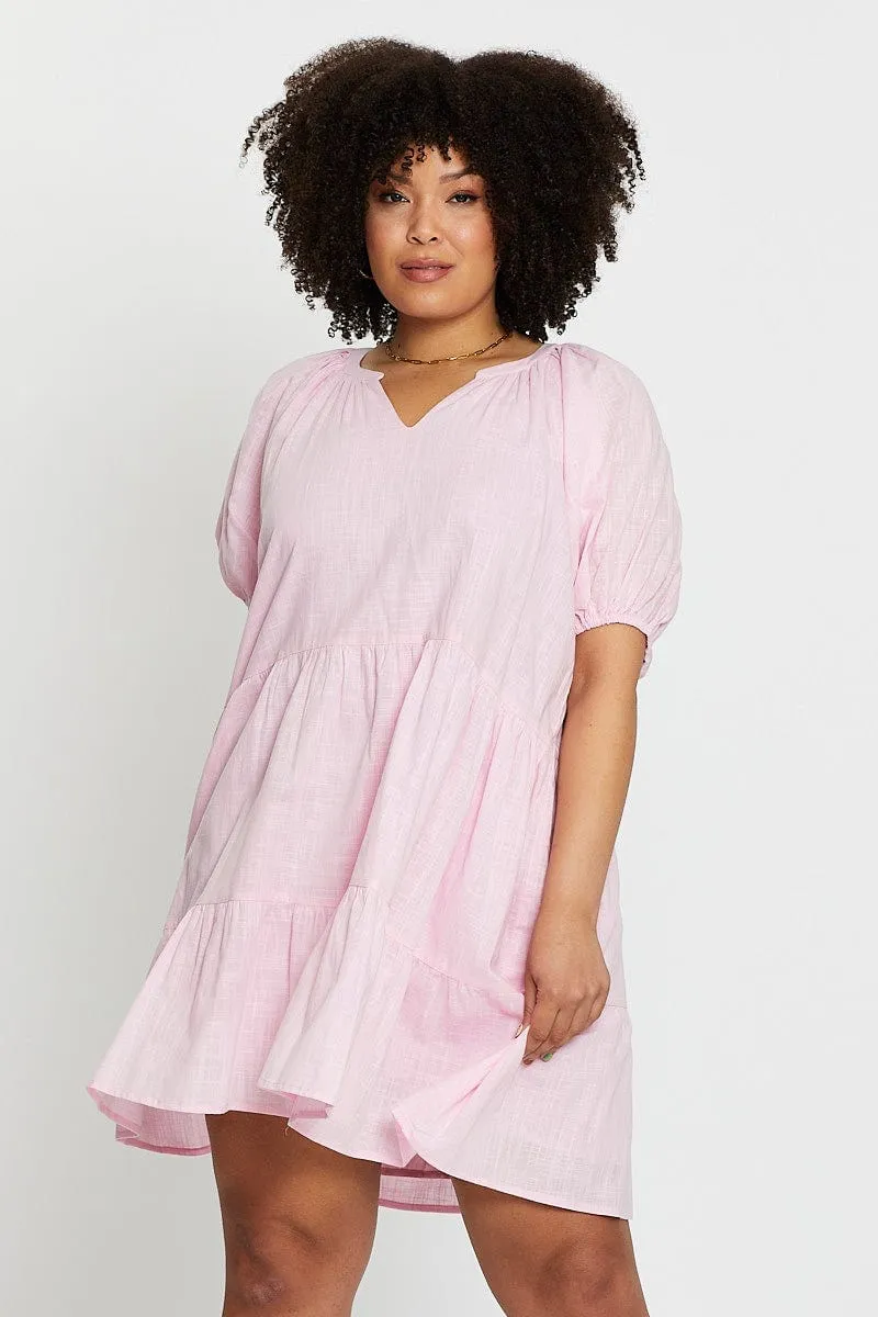 Easy Style City Prep Pink Puff 3/4 Sleeve Textured Cotton Pink Layer Dress