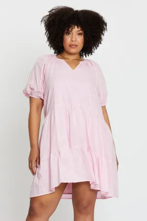 Pink Puff 3/4 Sleeve Textured Cotton Pink Layer Dress Dinner Date