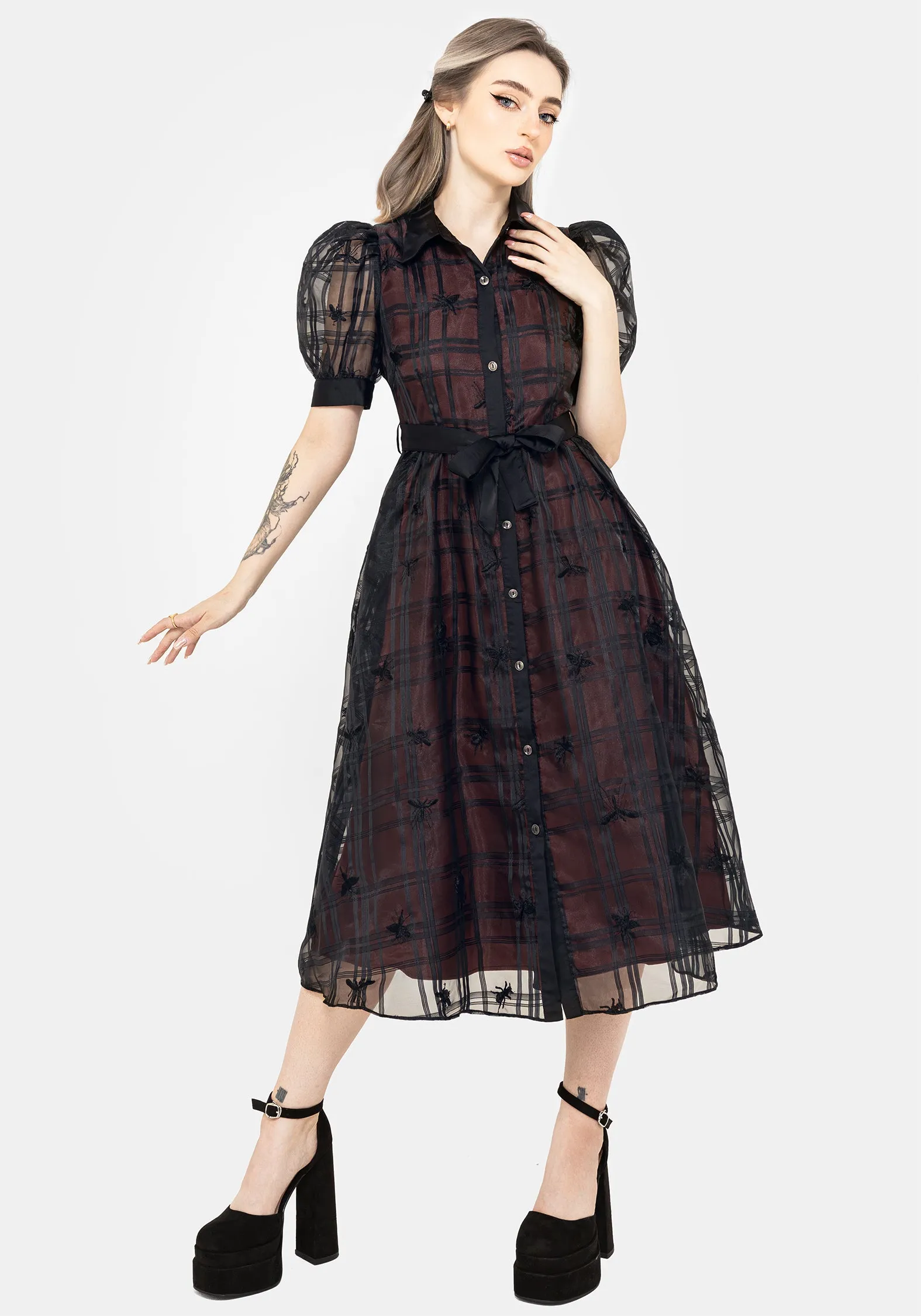 Sedona Organza Check Embroidered Puff Sleeve Midi Shirt Dress Greek Spirit Relaxed Comfort