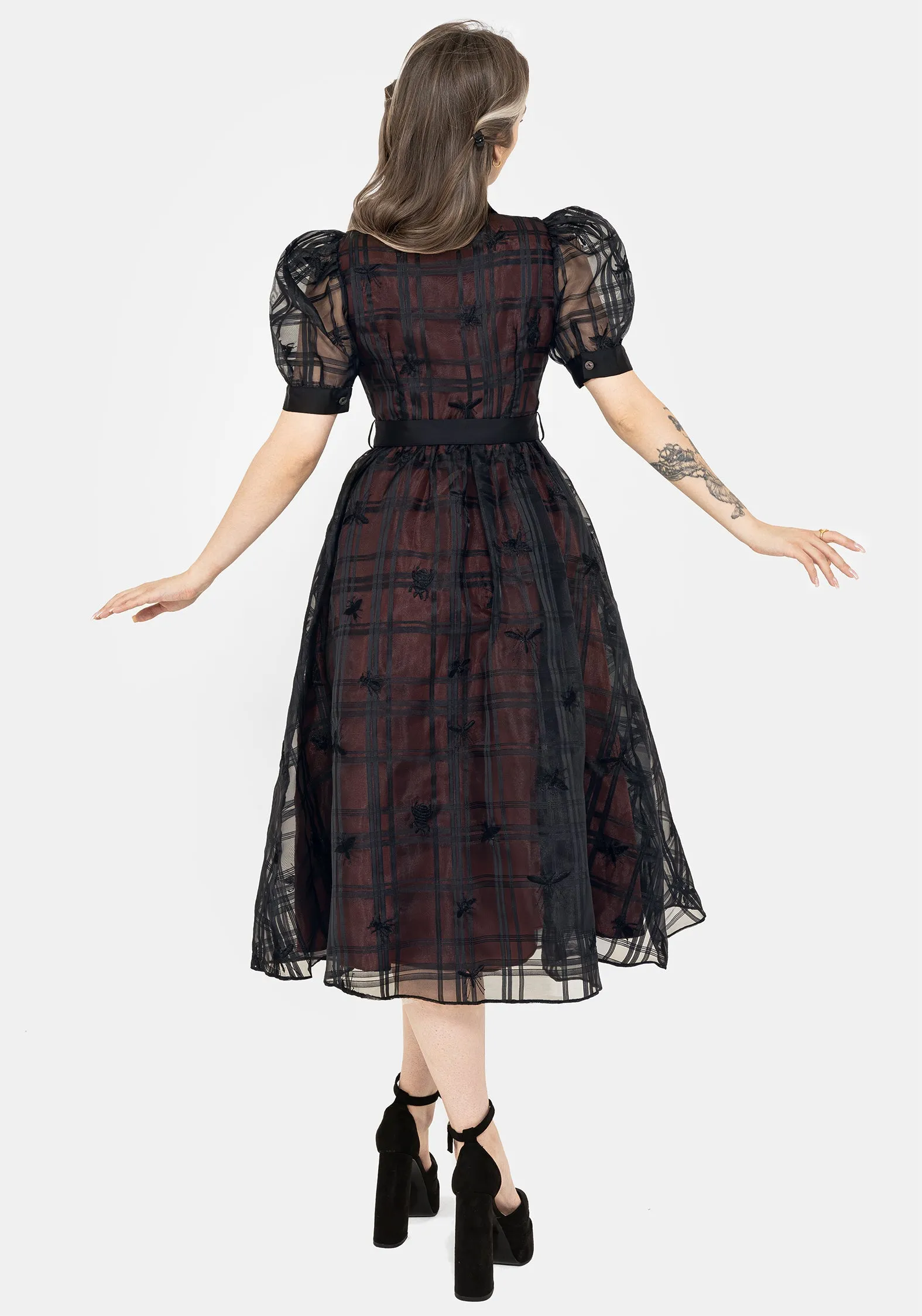 Sedona Organza Check Embroidered Puff Sleeve Midi Shirt Dress Port Side