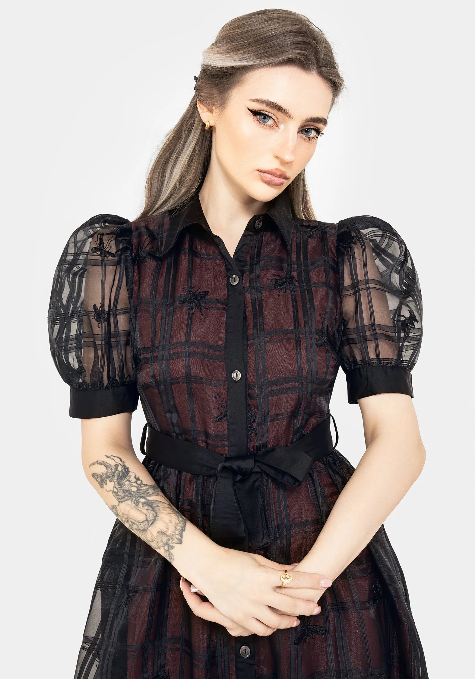 Perfectly Fitted Sedona Organza Check Embroidered Puff Sleeve Midi Shirt Dress
