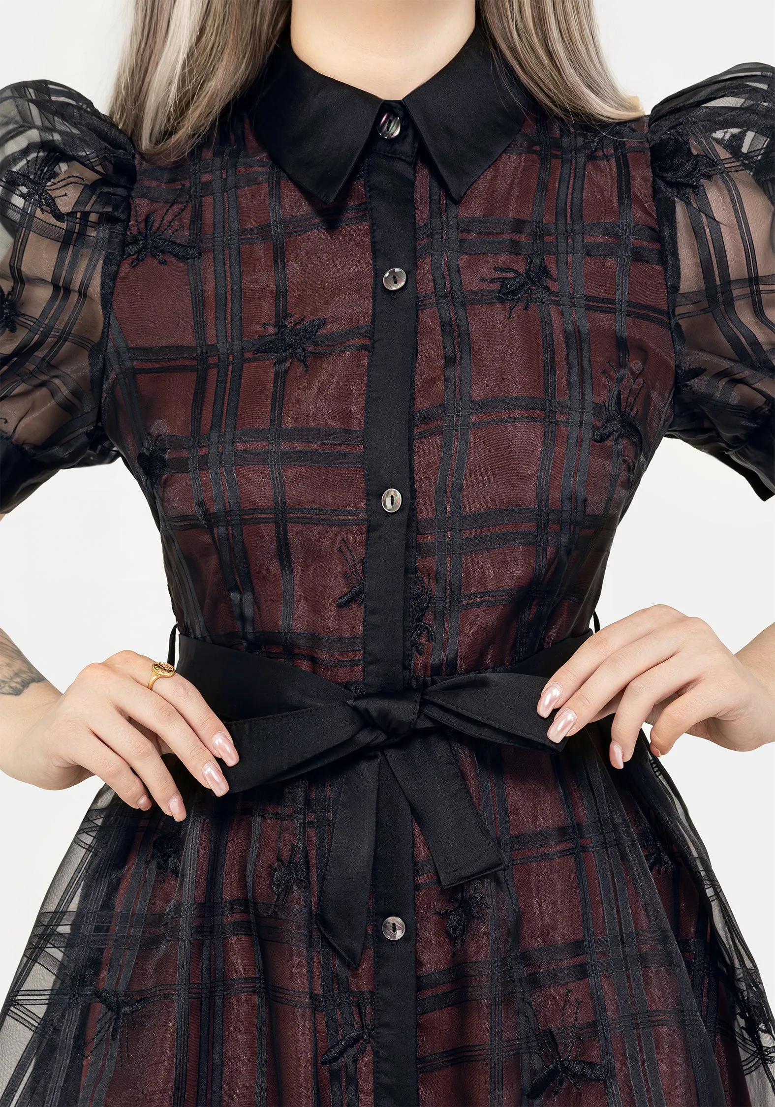 Sedona Organza Check Embroidered Puff Sleeve Midi Shirt Dress Stylish Silhouettes Dew Drop
