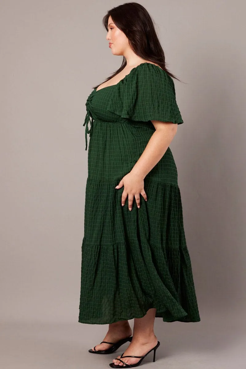 Plus Fit Garden Stroll Green Midi Dress Short Sleeve Textured