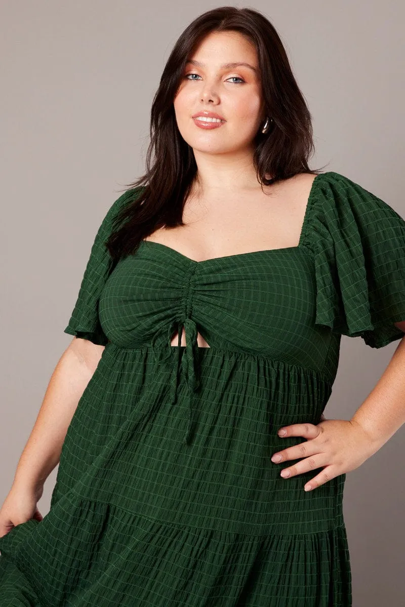 Green Midi Dress Short Sleeve Textured Sequin Glow Grass Smell