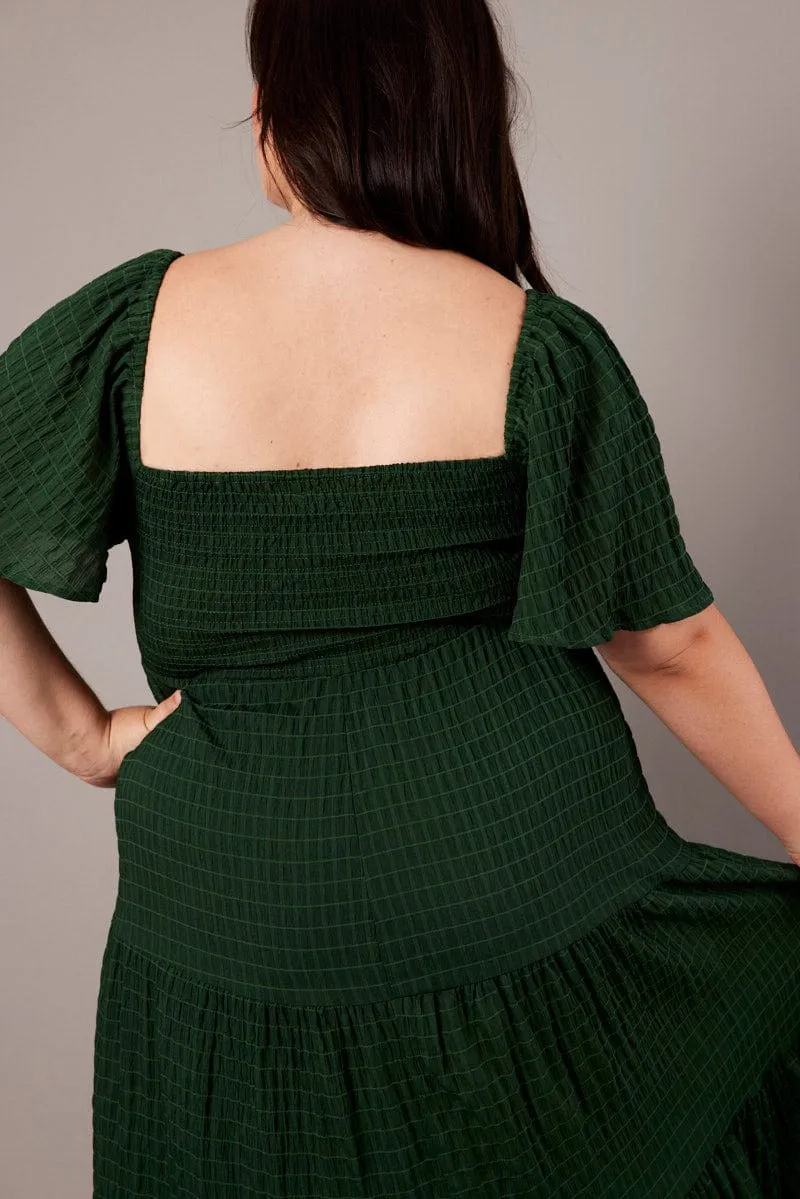 Green Midi Dress Short Sleeve Textured Classic Comfort Smart Casual