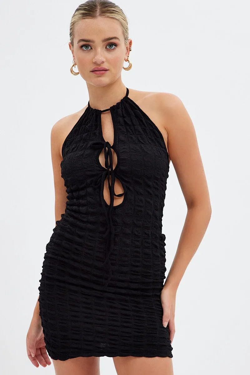 Black Textured Mini Dress Backless Glow Fresh