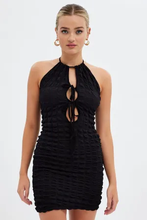 Trend Pop Day Wear Black Textured Mini Dress Backless