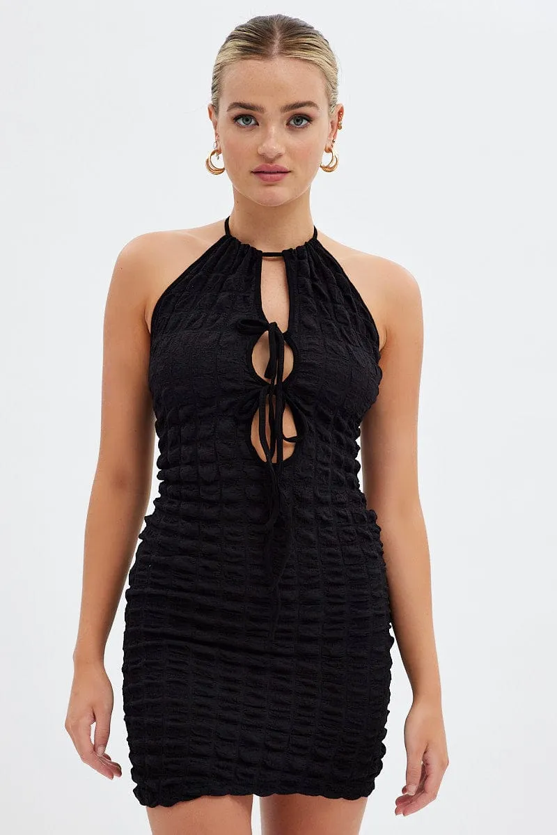 Trend Pop Day Wear Black Textured Mini Dress Backless