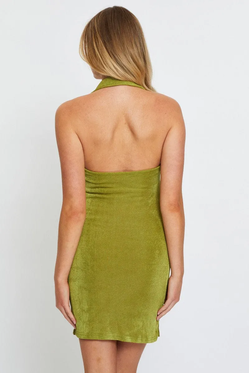 Weekend Ready Recycled Polyester Material Green Mini Dress Halter Neck