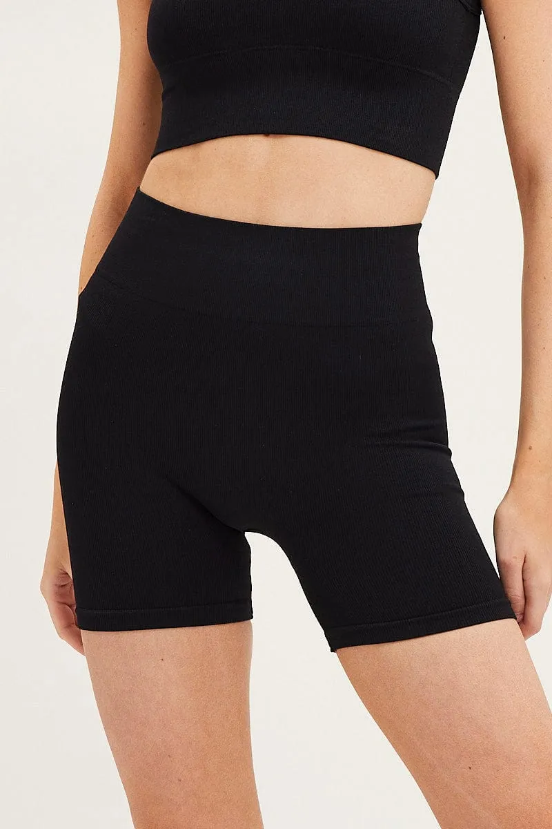 Basic Core Functional Fit Black High Neck Rib Bind Detail Seamless Tank