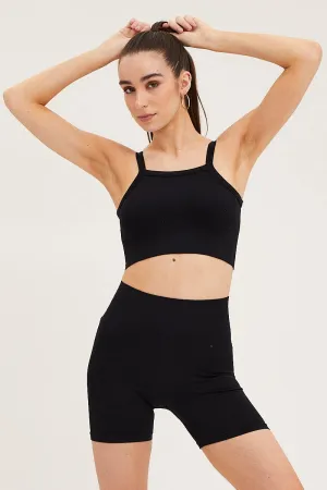 Black High Neck Rib Bind Detail Seamless Tank MultiPocket