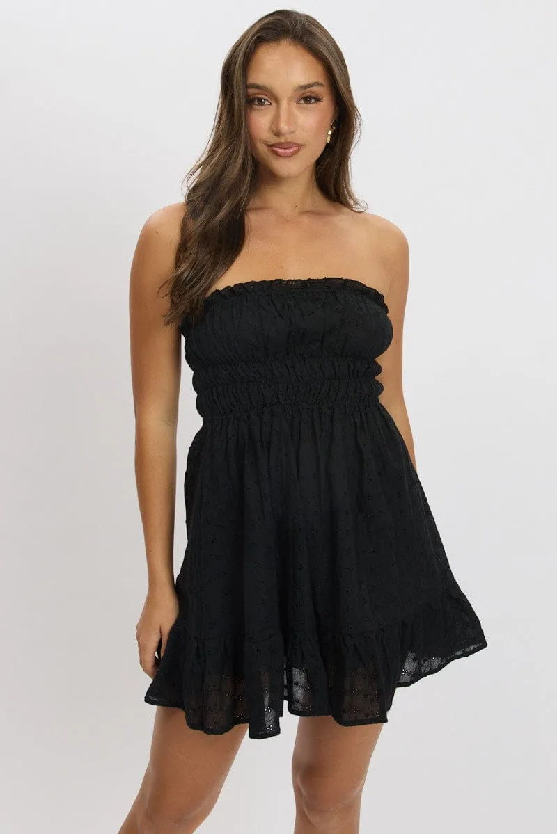 Couple Look Black Strapless Dress Eyelet Fabric