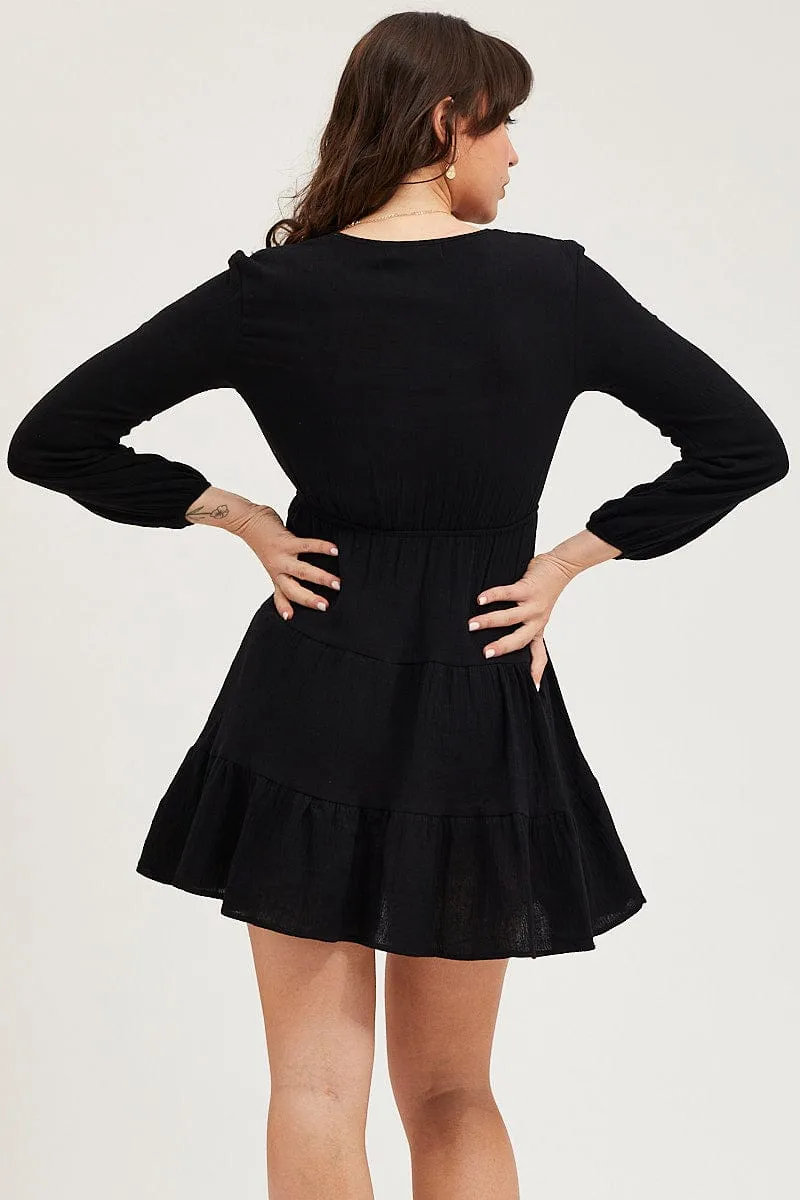 CompactWeave Black Skater Dress Long Sleeve Mini