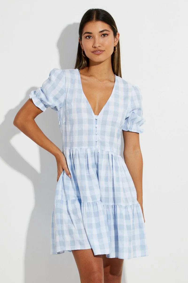 Fashion Layer Unique Cut Blue Check Skater Dress V Neck Puff Sleeve Gingham