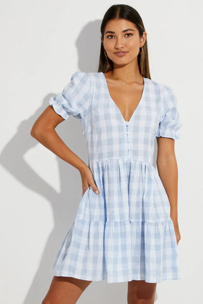 Rich Tone Blue Check Skater Dress V Neck Puff Sleeve Gingham