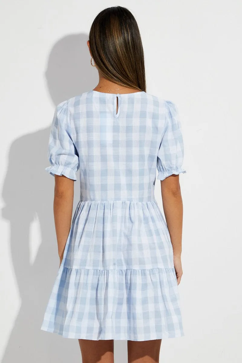 Blue Check Skater Dress V Neck Puff Sleeve Gingham Travel Outfit Layer Play